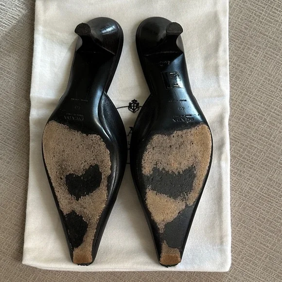 Prada Black Leather Pointed Toe Mules with Silver Hardware - Picture 2 of 4